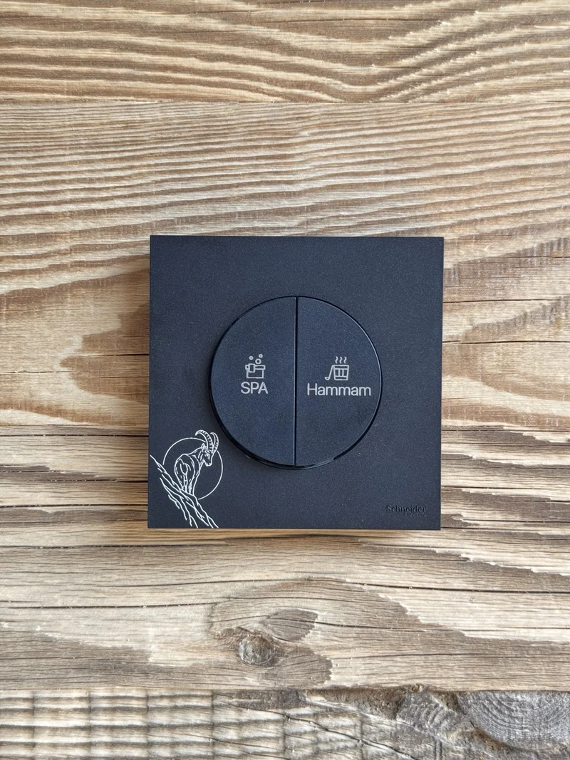 Plaque noire gravée SPA et Hammam avec pictogrammes et bouquetin, sur un fond bois.